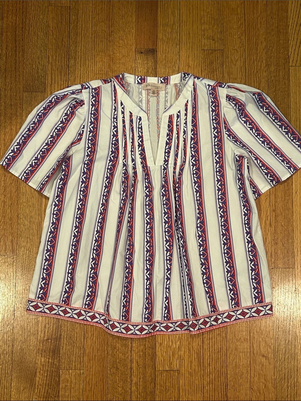 Philosophy White Blouse with Red & Purple Vertical Stripe Print Size Medium
